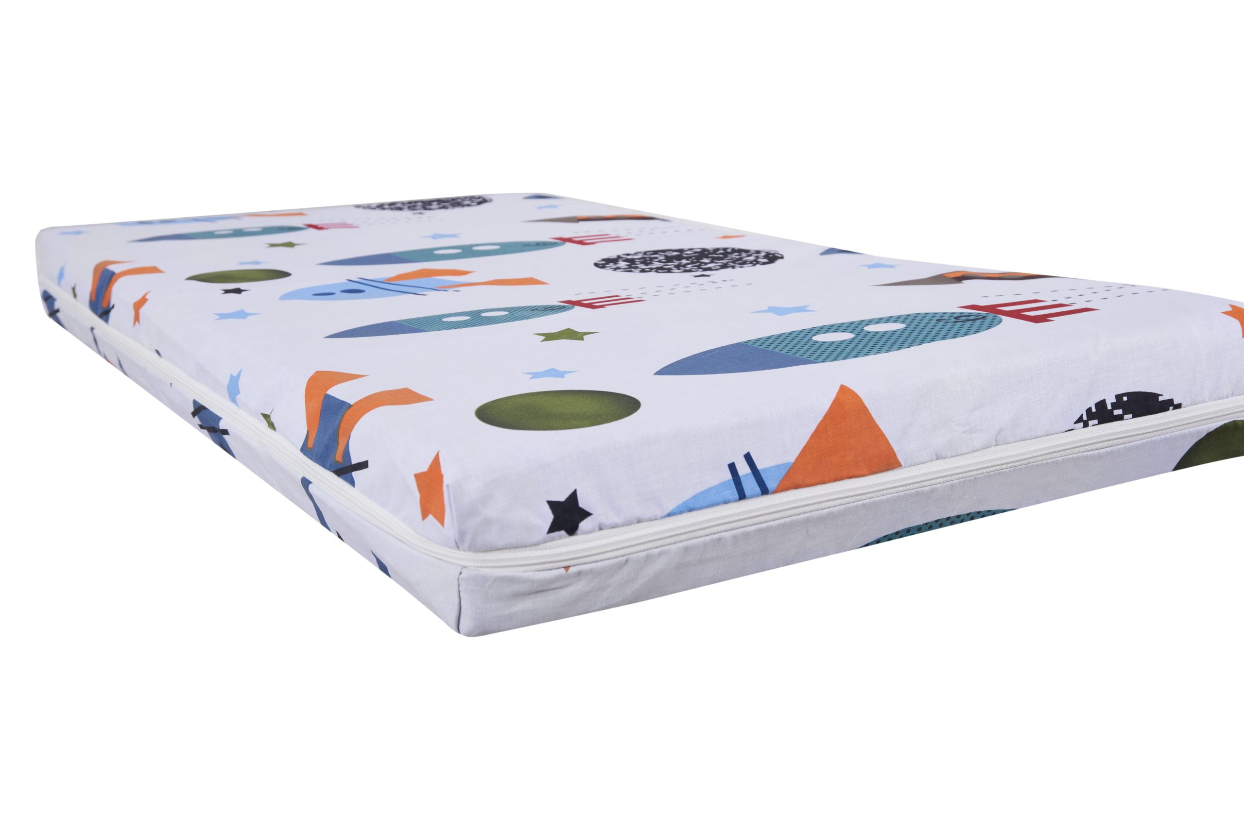 Saltea cu spumă poliuretanică Somnart Ortopedică 70x140, înălțime 10 cm, pentru bebeluși și copii, husă impermeabilă, fermitate medie, model rachete - imagine 2