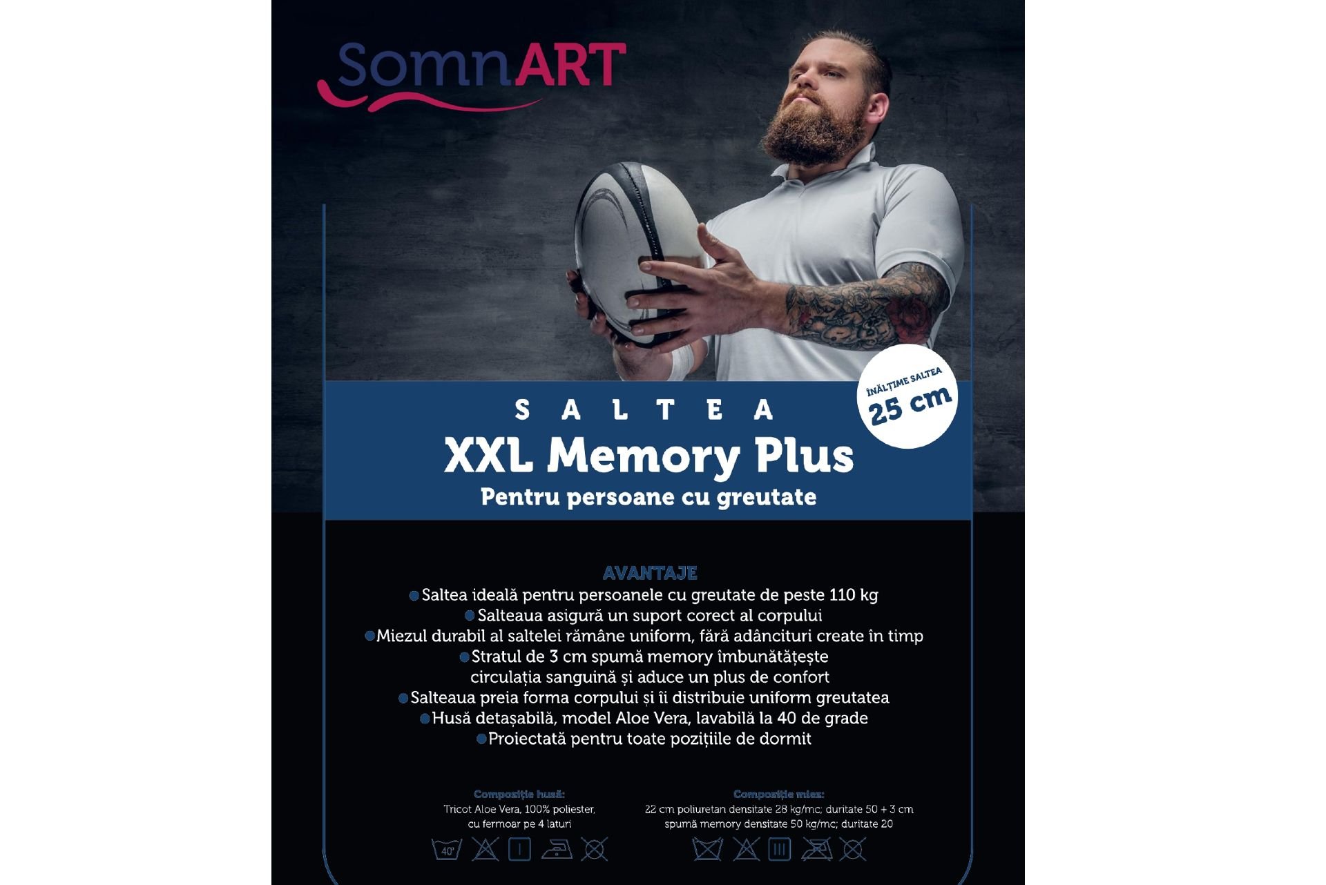 Saltea cu memorie Somnart XXL Memory Plus 180x200, înălțime 25 cm, pentru persoane supraponderale, husă Aloe Vera detașabilă, rulată, fermitate mare - imagine 11