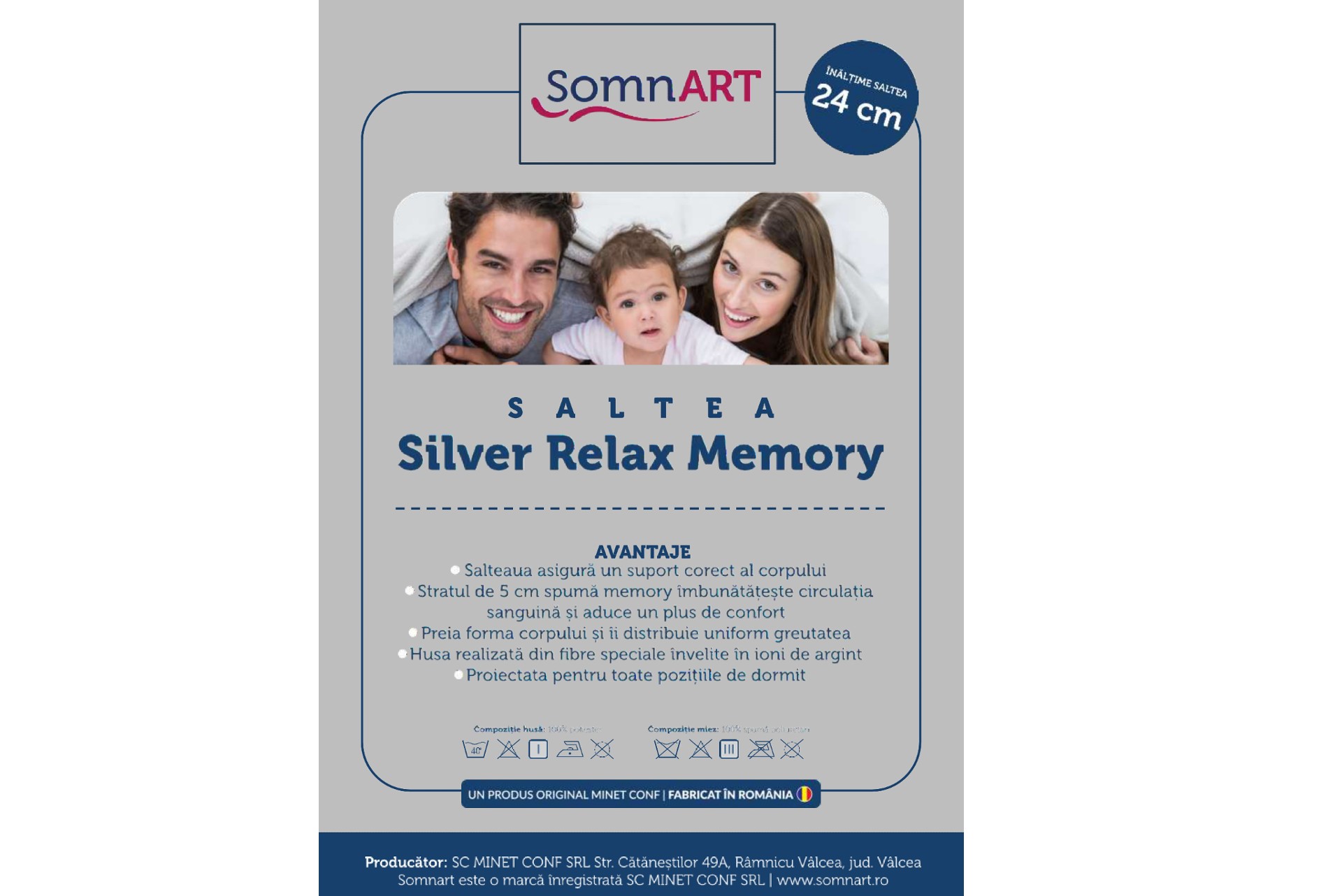 Saltea cu memorie Somnart Silver Relax 90x200, înălțime 24 cm, husă cu ioni de argint, cu mânere, fermitate medie - imagine 8