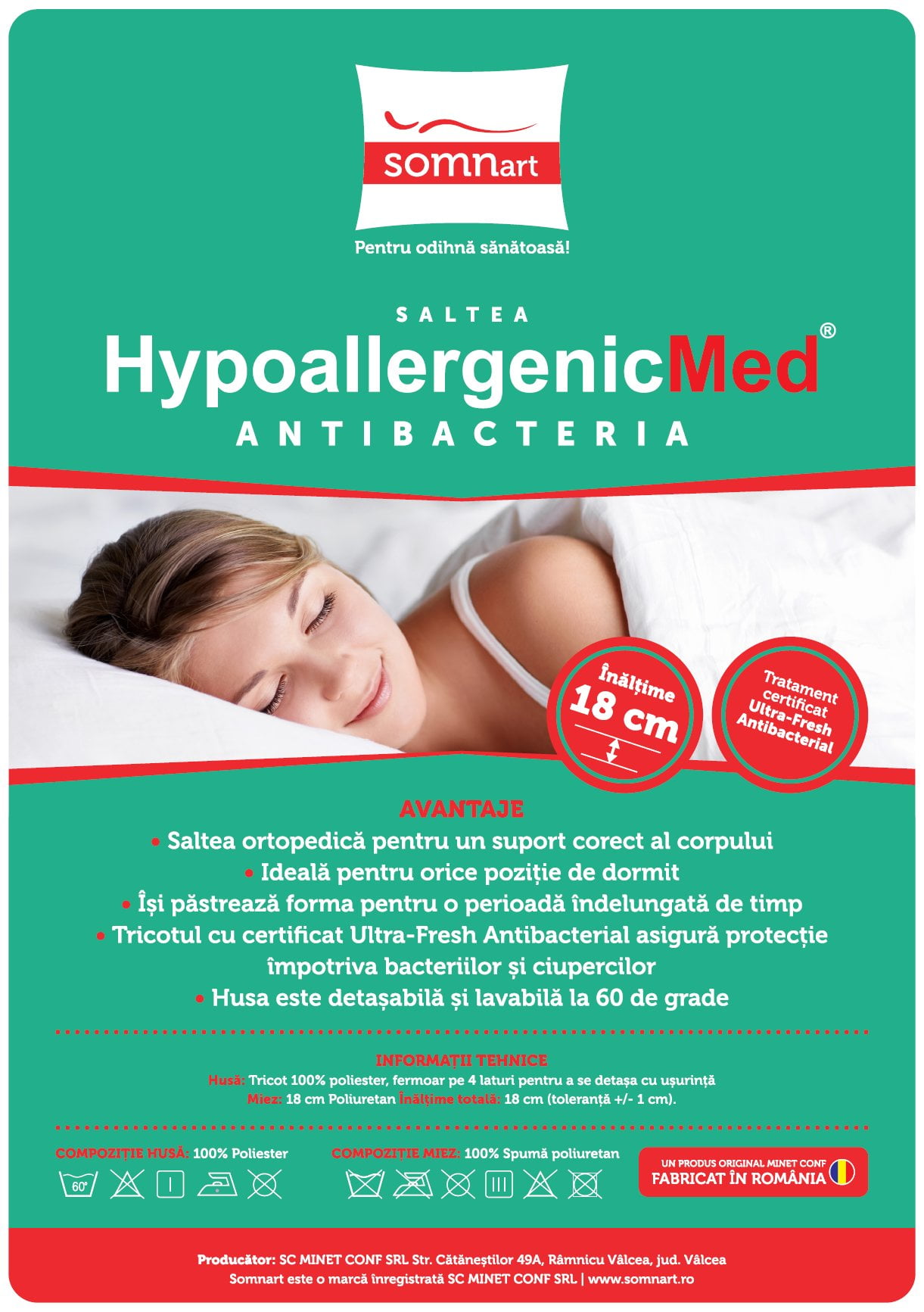 Topper cu memorie 160x200, HypoallergenicMed Antibacteria, H 3+2cm, husa detasabila, lavabila si certificata Ultra-Fresh Antibacterial™ - imagine 5