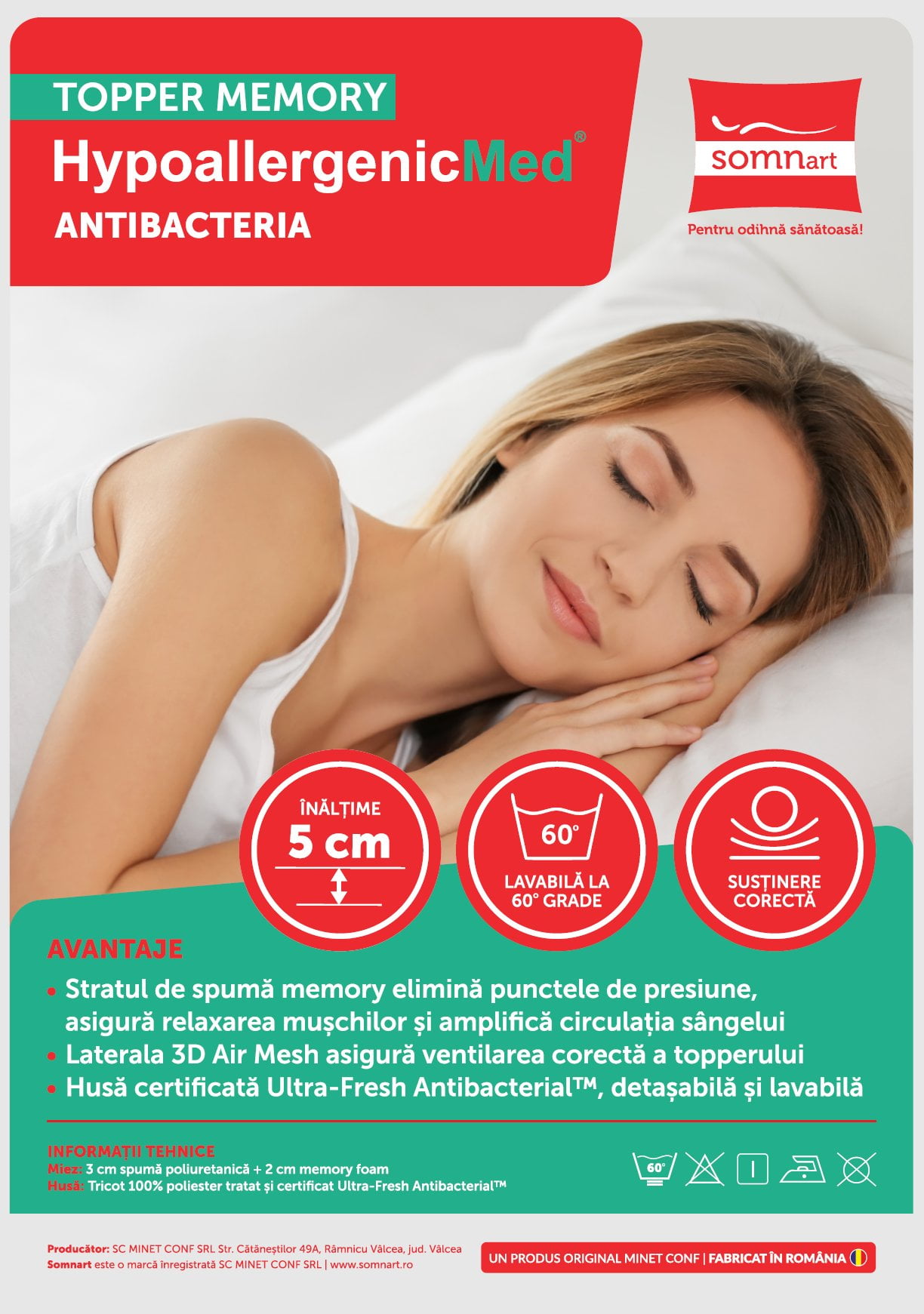 Topper cu memorie 140x200, HypoallergenicMed Antibacteria, H 3+2cm, husa detasabila, lavabila si certificata Ultra-Fresh Antibacterial™ - imagine 2