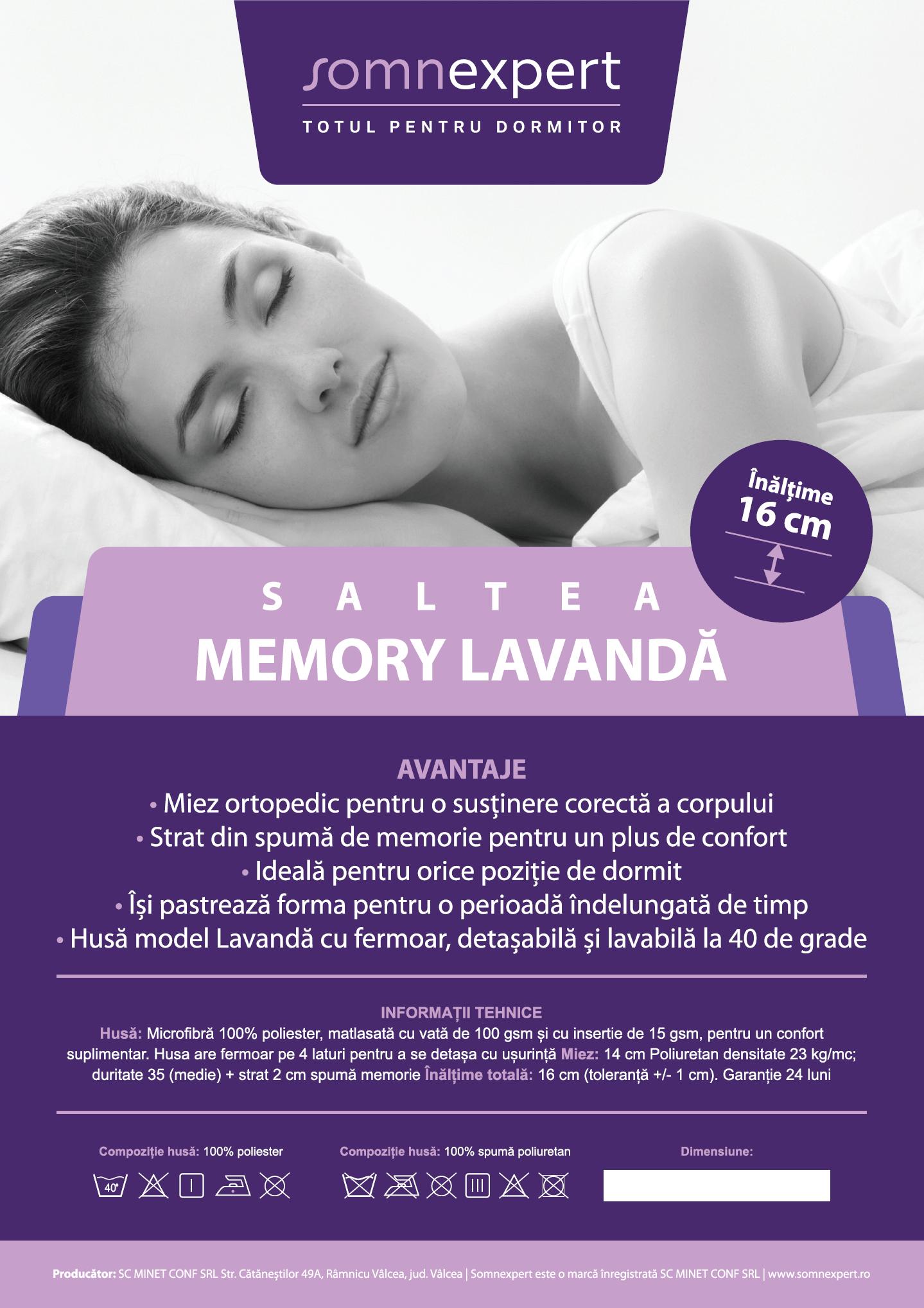 Saltea cu memorie Somnexpert Lavanda 140x200, înălțime 16 cm, ortopedică, husă tratată cu lavandă, lavabilă, cu fermoar, rulată, fermitate medie - imagine 8