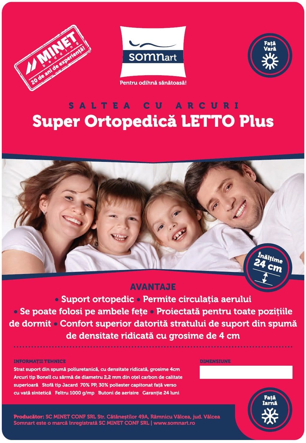 Saltea cu arcuri SomnART LETTO Plus 160x200, înălțime 24 cm, ortopedică, husă matlasată, duritate tare - imagine 8