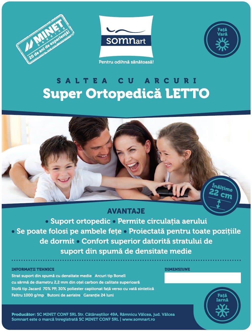 Saltea cu arcuri SomnART LETTO 120x200, înălțime 22 cm, ortopedică, husă matlasată, duritate medie-tare - imagine 8