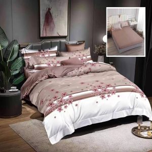 Lenjerie de pat finet 6 piese, cearceaf pat cu elastic, cearceaf pilota 200x230, 2 fete perna 50x70, 2 fete perna 70x70, Extra, crem cu flori roz