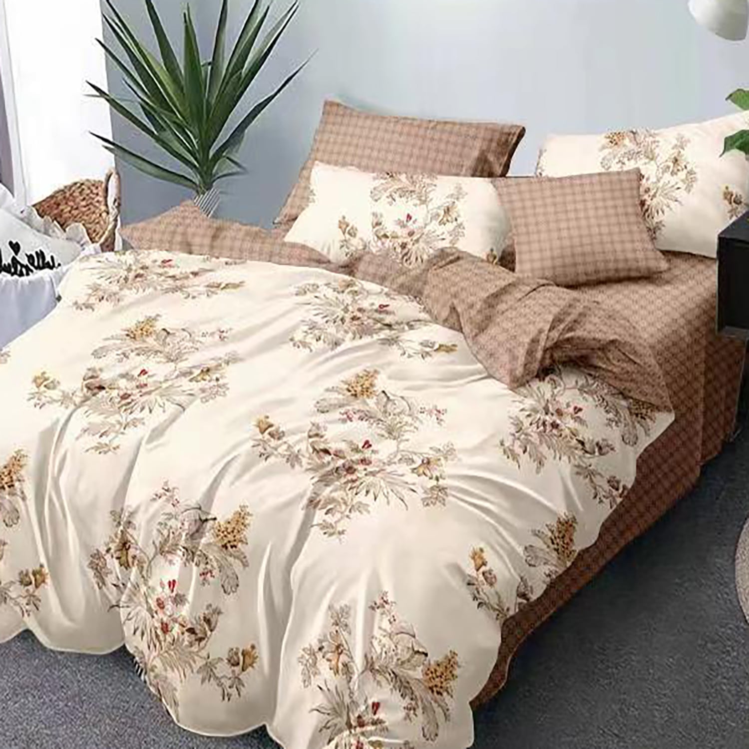 Lenjerie de pat finet Extra 6 piese, cearceaf pat clasic, cearceaf pilota 200x230, 2 fete perna 50x70, 2 fete perna 70x70, flori crem