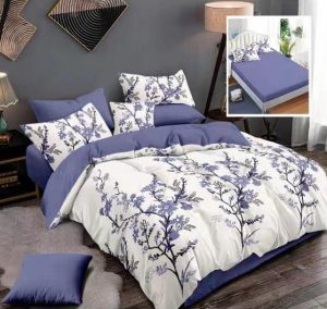 Lenjerie de pat finet 6 piese, cearceaf pat cu elastic, cearceaf pilota 200x230, 2 fete perna 50x70, 2 fete perna 70x70, Extra, flori mov