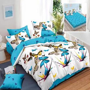 Lenjerie de pat finet 6 piese, cearceaf pat cu elastic, cearceaf pilota 200x230, 2 fete perna 50x70, 2 fete perna 70x70, Extra, fluturasi albastri