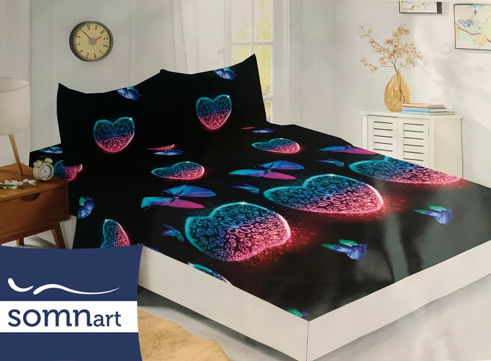Husa de pat Finet + 2 fete de perna, pentru saltea de 160x200 cm, inimi fosforescente 💞 - imagine 3