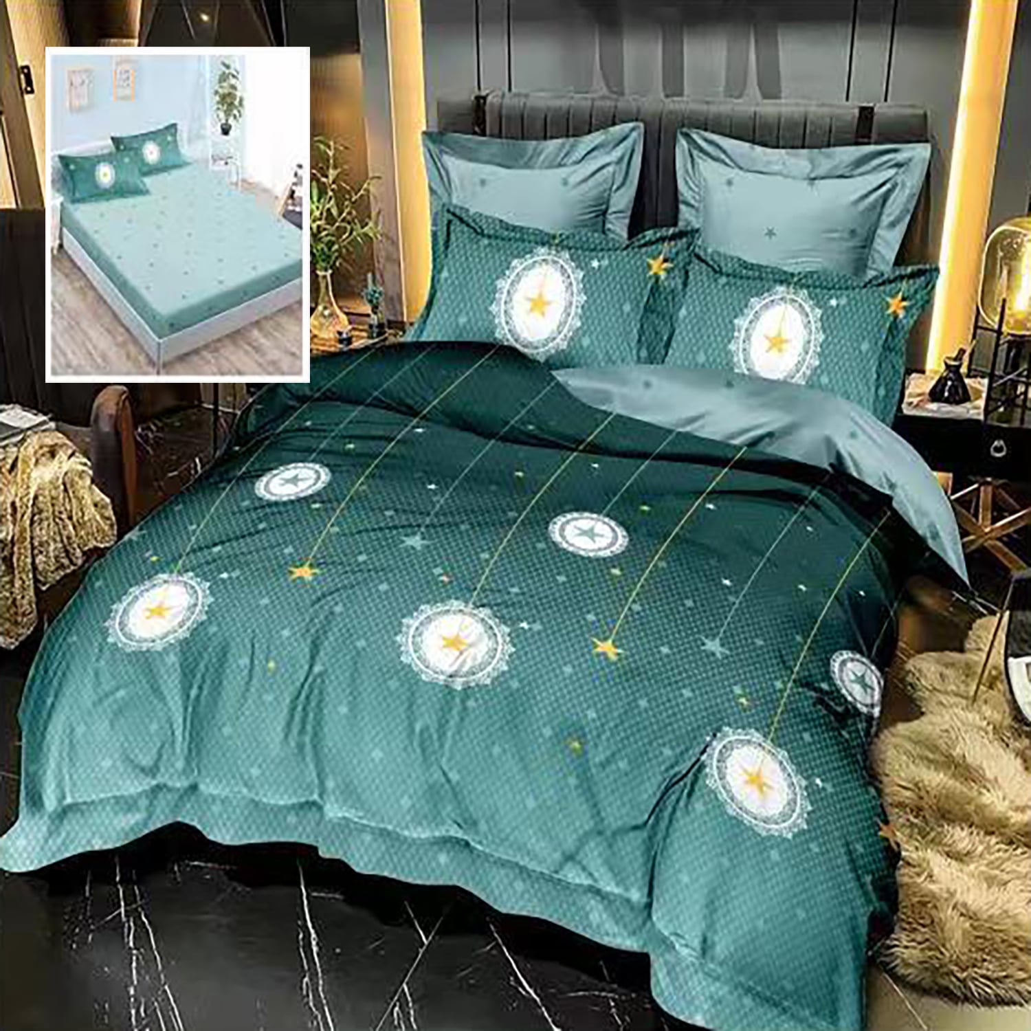 Lenjerie de pat finet 6 piese, cearceaf pat cu elastic, cearceaf pilota 200x230, 2 fete perna 50x70, 2 fete perna 70x70, Extra, verde cu stelute