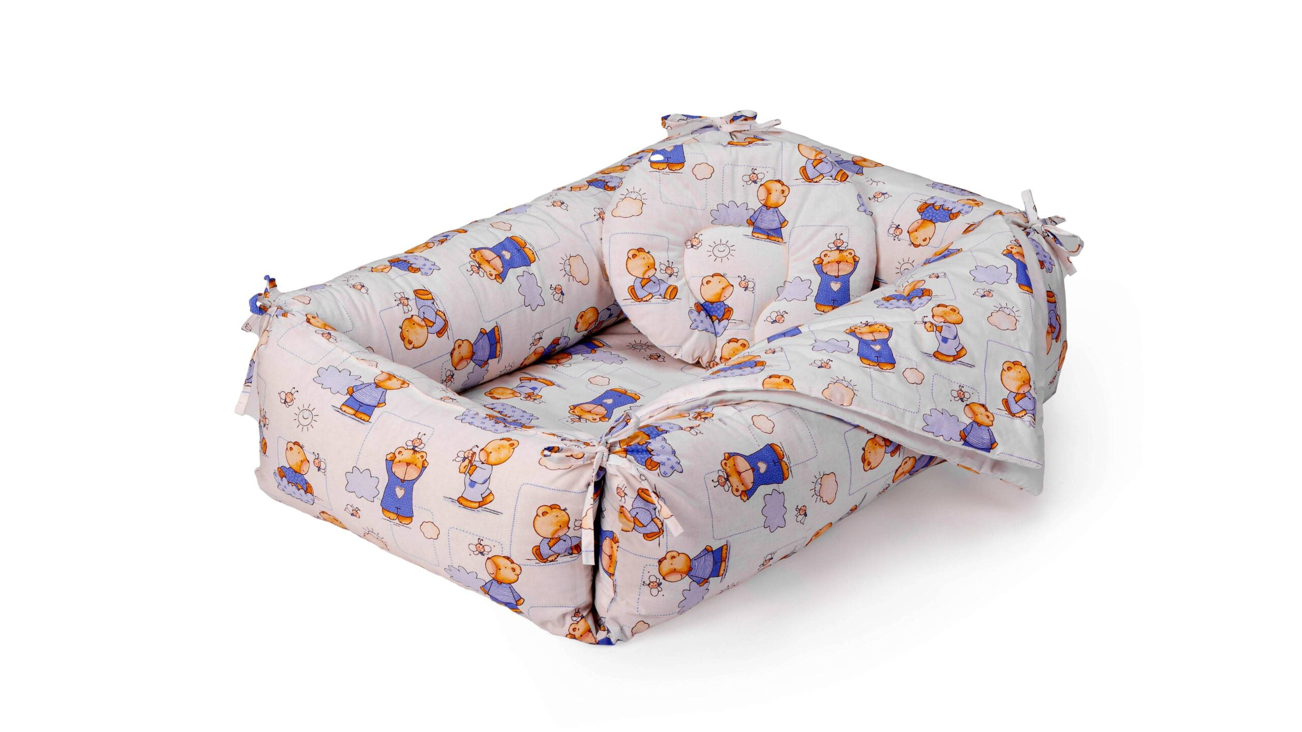 Set reductor bebe nest + paturica + pernuta pentru formarea capului bebelusului SomnArt, model fluturi, Bleu - imagine 5